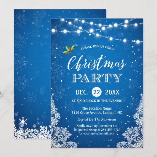 Invitation Chaîne Lights Dentelle Flammes de neige Bleu Noël (Devant / Derrière)