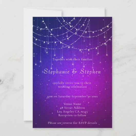 Invitation Chaîne Lights QR Code Mariage bleu violet (Devant)