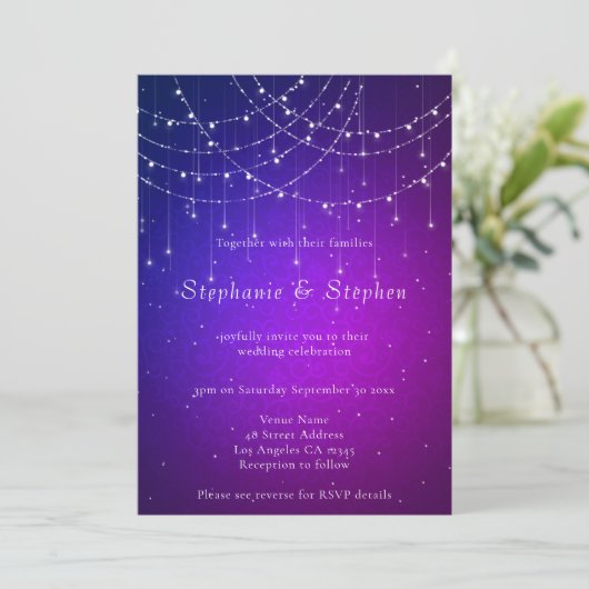 Invitation Chaîne Lights QR Code Mariage bleu violet (Debout devant)