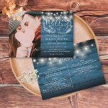 Invitation Chaîne Lights Rustic Blue Photo Tout en un Mariage<br><div class="desc">Un faire-part de mariage rustique avec de jolies lampes à cordes et une délicate guirlande florale rustique dessinée à la main, feuillage de feuilles botaniques et typographie stylée, sur un arrière - plan de bois rustique bleu. Personnalisez avec toutes vos informations spéciales sur le jour de mariage au verso, y...</div>