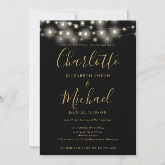Invitation Chaîne Lights Script Black Gold QR Code Mariage (Devant)