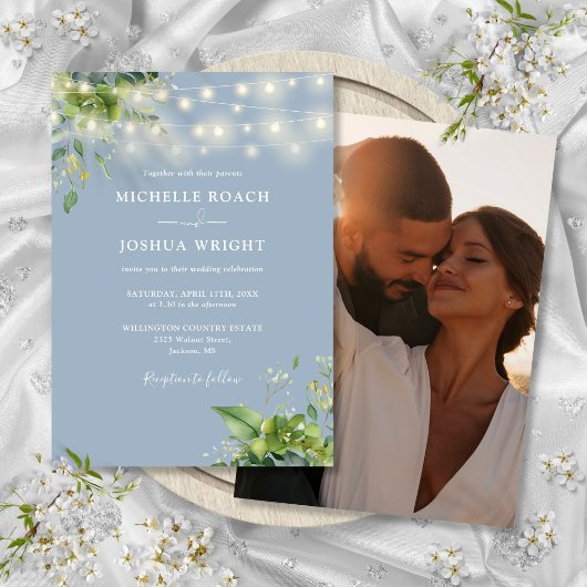 Invitation Chaîne Lights Verdure Dusty Blue Photo Mariage