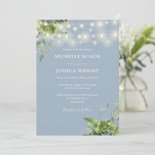 Invitation Chaîne Lights Verdure Dusty Blue QR Code Mariage (Debout devant)