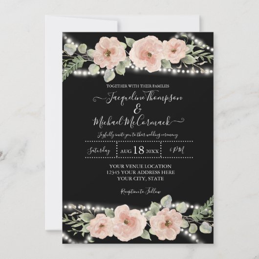 Invitation Chaîne Lumière Aquarelle Rose Floral Mariage noir (Devant)
