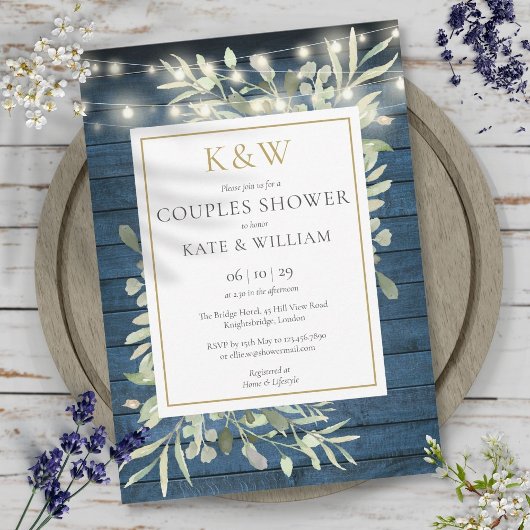 Invitation Chaîne Lumière Bois Bleu Monogramme Couples Douche