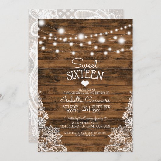 Invitation Chaîne Lumière Bois et dentelle Sweet 16 Partie (Devant / Derrière)