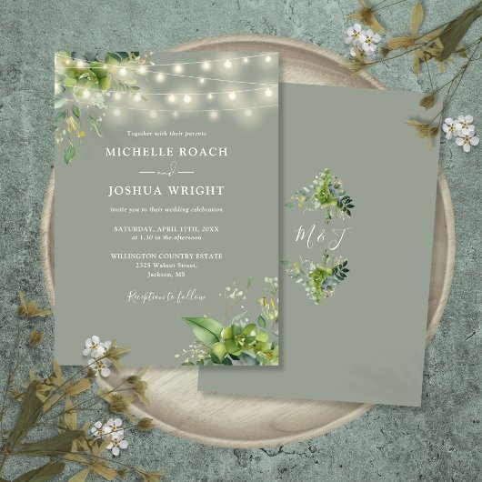 Invitation Chaîne Lumière Verdure Monogramme Sage Mariage ver
