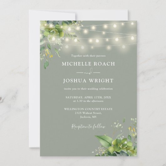 Invitation Chaîne Lumière Verdure Monogramme Sage Mariage ver (Devant)