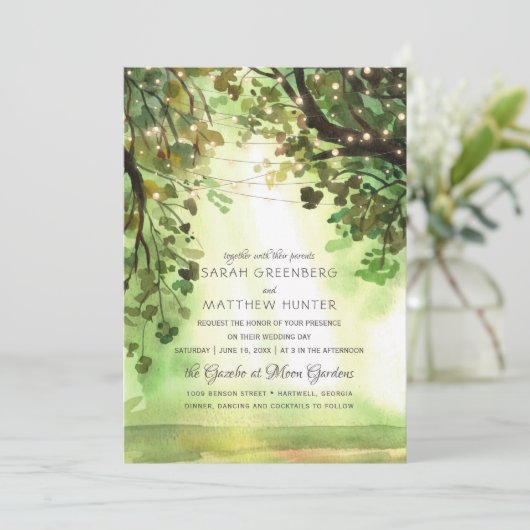Invitation Chaîne Lumières Forêt Chemin Mariage rustique (Debout devant)