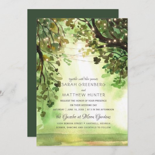 Invitation Chaîne Lumières Forêt Chemin Mariage rustique (Devant / Derrière)
