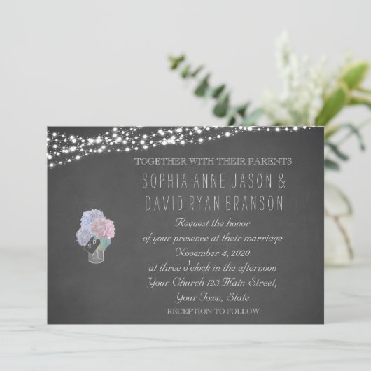 Invitation Chaîne Lumières Mason Jar Chalkboard Mariage Invit (Debout devant)