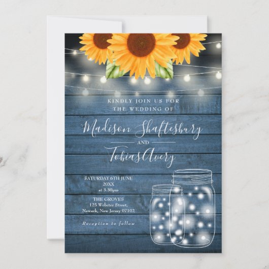 Invitation Chaîne Lumières Mason Jar Sunflowers Mariage rusti (Devant)