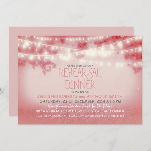 Invitation chaîne rose des lumières répétition rustique dîner (Devant / Derrière)