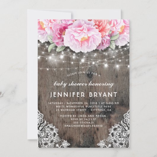 Invitation Chaîne rose Floral éclaire Baby shower rustique (Devant)