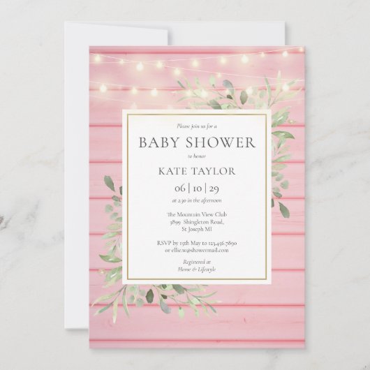 Invitation Chaîne rose Lumières Baby shower verdoyant (Devant)