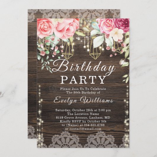 Invitation Chaîne rustique Bois clair Floral Anniversaire (Devant / Derrière)