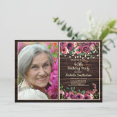 Invitation Chaîne rustique éclaire rose florale photo d'anniv (Debout devant)