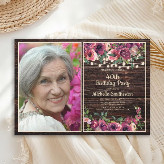Invitation Chaîne rustique éclaire rose florale photo d'anniv