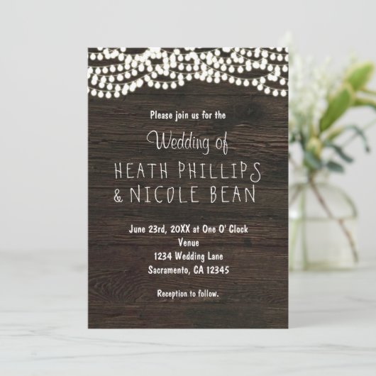 Invitation Chaîne rustique en bois foncé Lumières Mariage Inv (Debout devant)