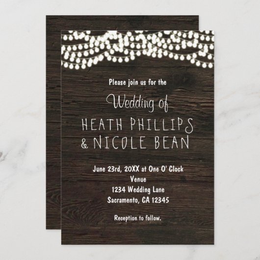 Invitation Chaîne rustique en bois foncé Lumières Mariage Inv (Devant / Derrière)