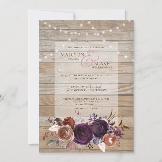 Invitation Chaîne Rustique Lumière Violet Mariage Floral Bois (Devant)