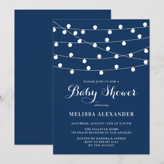 Invitation Chaîne rustique Lumières Baby shower bleu marine B (Devant / Derrière)