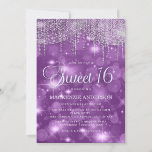 Invitation Chaîne violette éclat Bokeh Glam Sweet 16