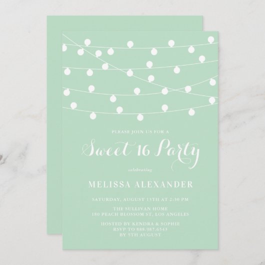 Invitation Chaîne Whimsical Lights Mint Green Sweet 16 Party (Devant / Derrière)