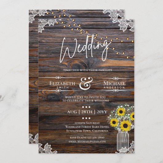 Invitation Chaînes de tournesols rustiques Lumières Invitatio (Devant / Derrière)