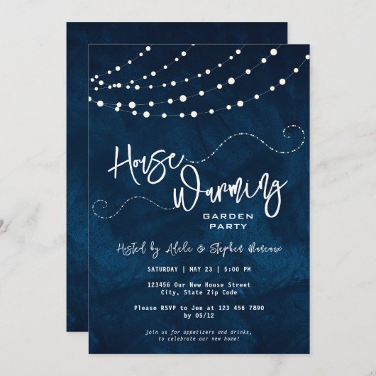 Invitation Chaînes lumineuses de script moderne Fête de chauf (Devant / Derrière)