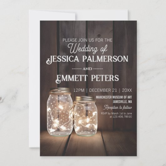 Invitation Chaînes lumineuses en bois rustique Mariage Mason (Devant)