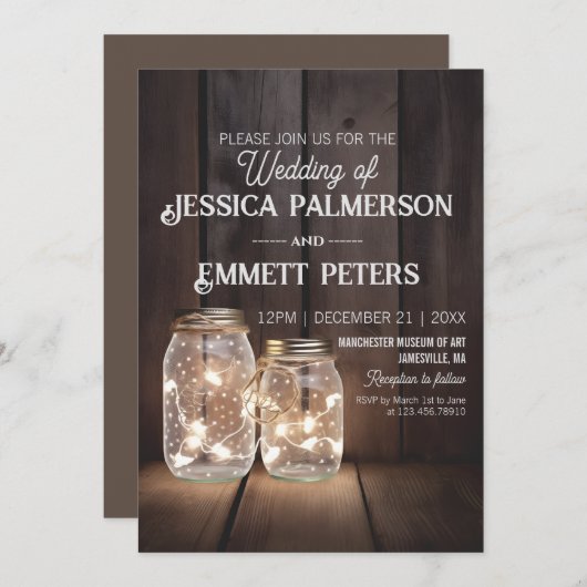 Invitation Chaînes lumineuses en bois rustique Mariage Mason (Devant / Derrière)