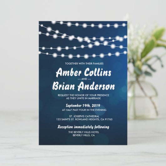 Invitation Chaînes lumineuses sur le Mariage Deep Blue Bokeh (Debout devant)