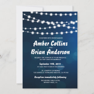 Invitation Chaînes lumineuses sur le Mariage Deep Blue Bokeh
