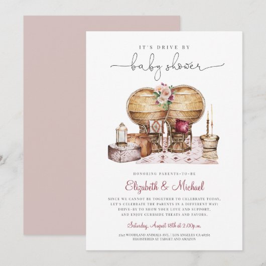 Invitation Chaise Boho Peacock Girl Drive Par Baby shower  (Devant / Derrière)
