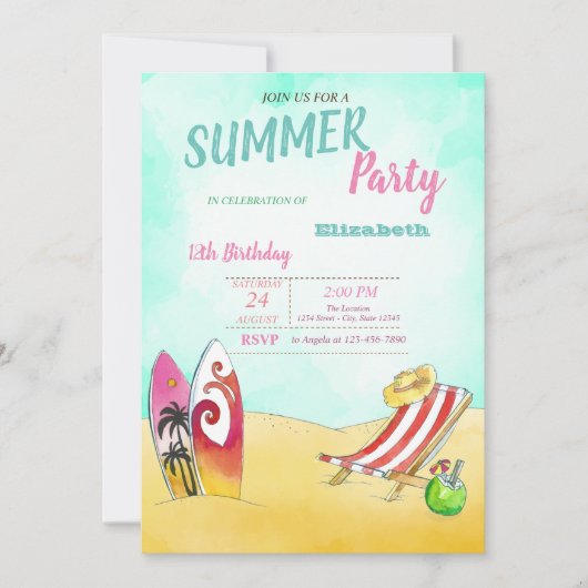Invitation Chaise de plage, Fête d'anniversaire de surf (Devant)