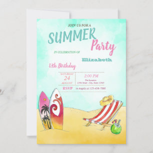 Invitation Chaise de plage, Fête d'anniversaire de surf