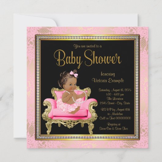 Invitation Chaise rose Lace Pearls Baby shower ethnique fille (Devant)