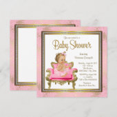 Invitation Chaise rose Lace Pearls Baby shower or rose (Devant / Derrière)