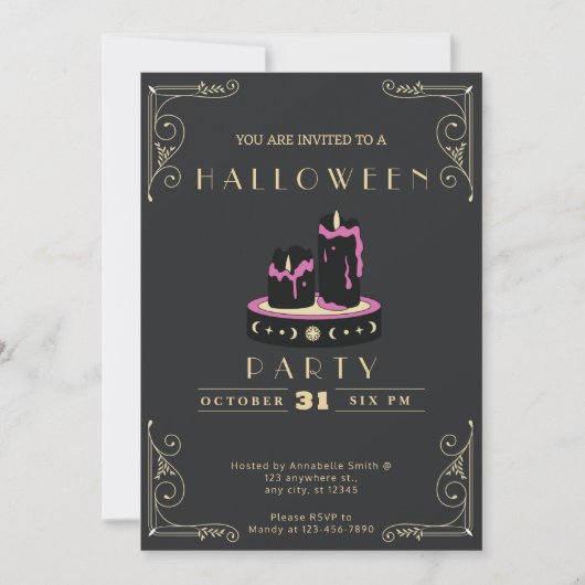 Invitation Chalboard Black & Gold Black Chandelles Halloween (Devant)