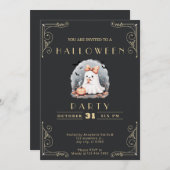 Invitation Chalboard Black & Gold Ghost Bow Bats Halloween (Devant / Derrière)