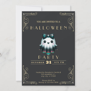 Invitation Chalboard Black & Gold Ghost Bow Skuls Halloween