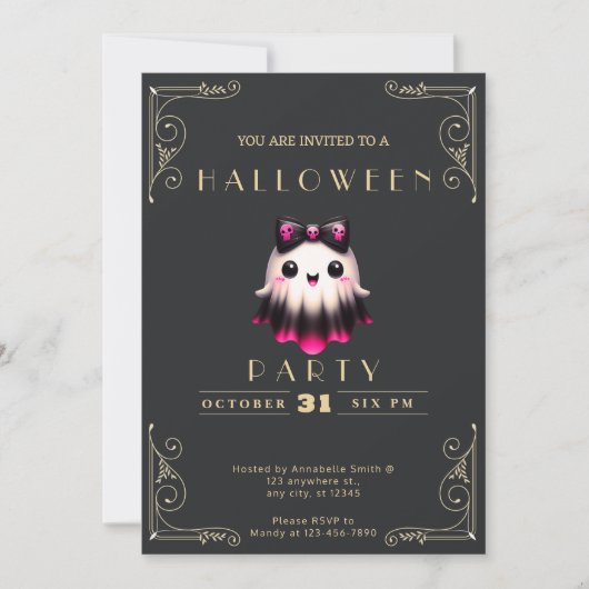 Invitation Chalboard Black & Gold Ghost Bow Skuls Halloween (Devant)