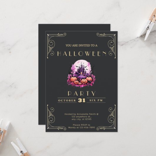 Invitation Chalboard Black & Gold Haunted Castle Halloween (Devant/Arrière en situation)