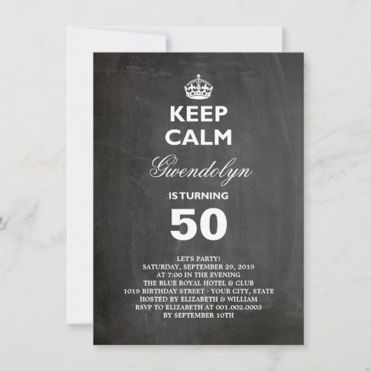 Invitation Chalboard Gardez le calme Funny 50e anniversaire I (Devant)