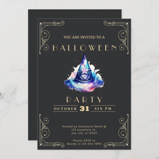 Invitation Chalboard noir et or bleu Cauldron Halloween (Devant / Derrière)