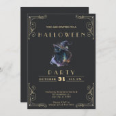 Invitation Chalboard noir et or Chat noir Halloween (Devant / Derrière)