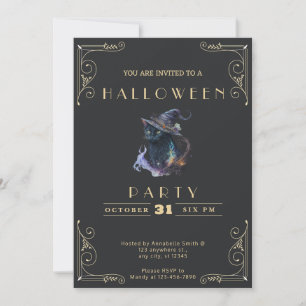 Invitation Chalboard noir et or Chat noir Halloween