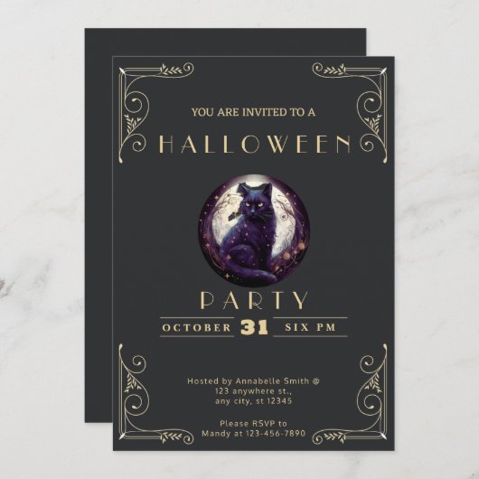 Invitation Chalboard noir et or noir chat lune Halloween (Devant / Derrière)