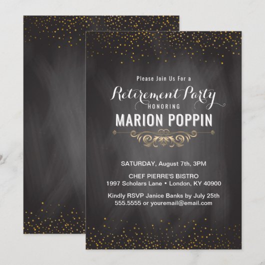 Invitation Chalboard Teacher Retirement Party Elegant Gold (Devant / Derrière)